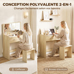 Schreibtisch-Schminktisch 2-in-1 mit klappbarem Spiegel und Hocker, Schminktisch mit Schublade und 6 Fächern, Eiche