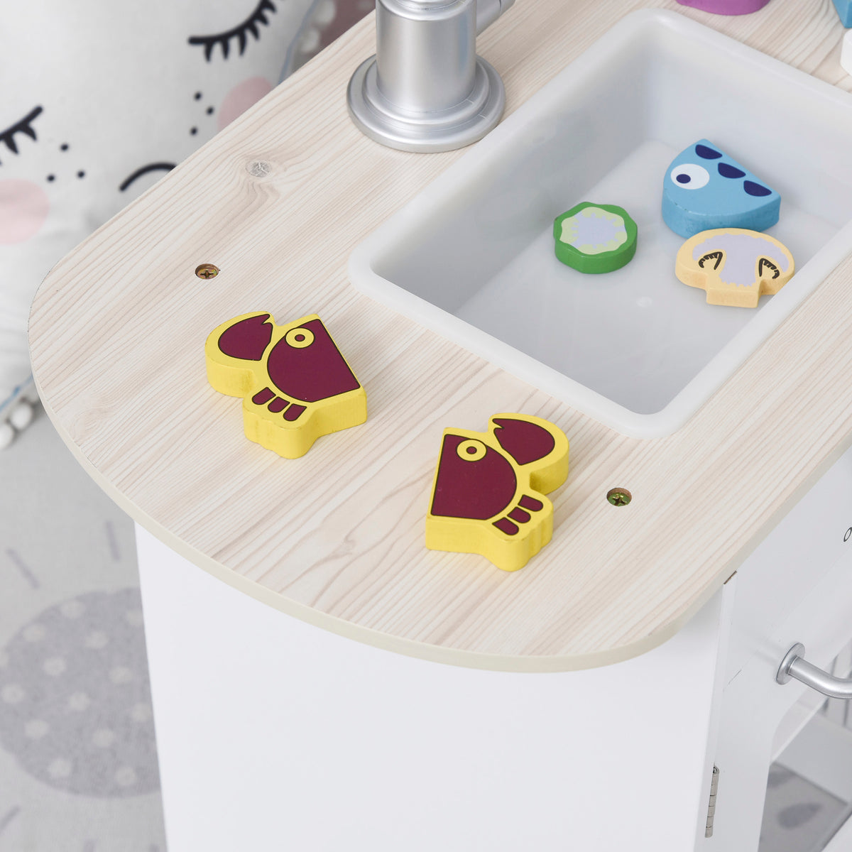 Cuisine Bois Jeu d'imitation - Cuisine Enfant 3+ Ans - Nombreux Accessoires & rangements Inclus - micro-ondes, hotte, évier avec robinet - MDF pin Blanc