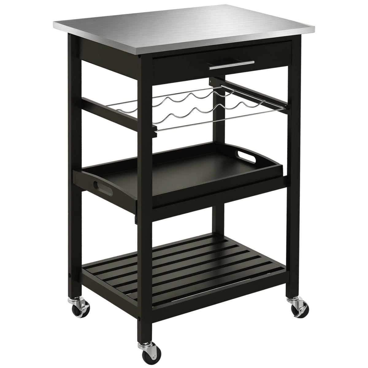 Chariot de Service desserte de Cuisine Table roulantes avec étagère rangement bouteille 60L x 40l x 85H cm Plateau en Acier INOX. Noir