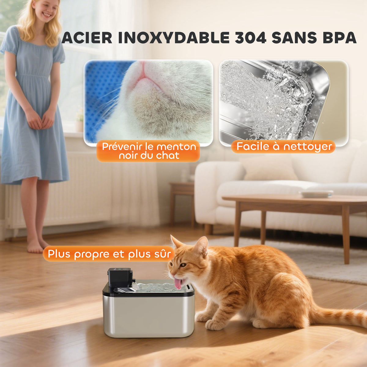 Fontaine à eau pour chat automatique en inox 5L, silencieuse, distributeur eau chat 3-étapes filtre chargeur USB, argent
