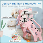 Toboggan pour enfants, toboggan intérieur pour enfants, avec panier de basket, thème tigre, de 18 à 36 mois, rose