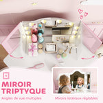 Coiffeuse enfant 2 en 1 avec tabouret miroir triptyque et lumières LED bicolores  93,6 x 48,5 x 111,5 cm blanc