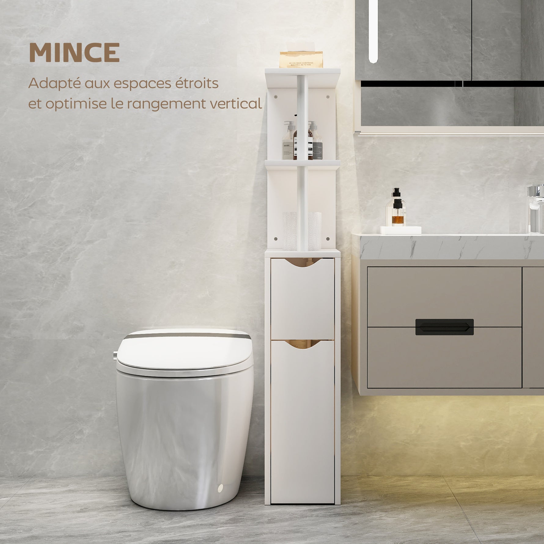 Meuble de salle de bain meuble de rangement avec tiroir sur roulettes, avec étagères ouvertes, 20 x 45 x 115 cm, blanc