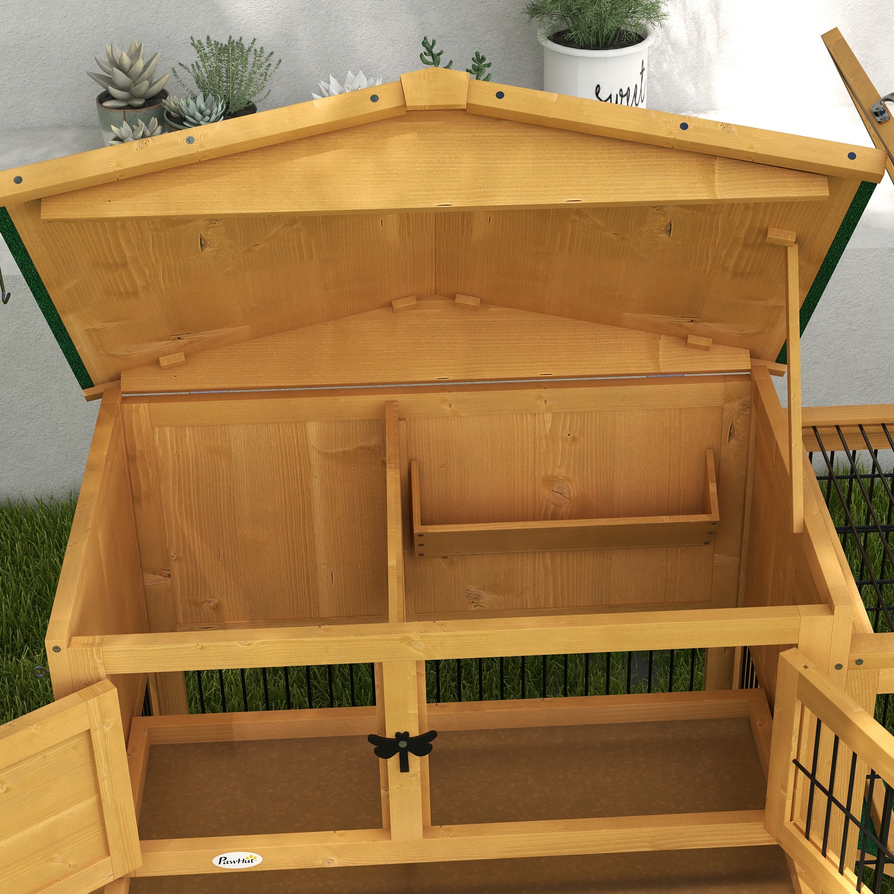 Clapier de sol cage à lapin niche supérieure avec rampe enclos extérieur porte verrouillable 150 x 52,5 x 68 cm jaune