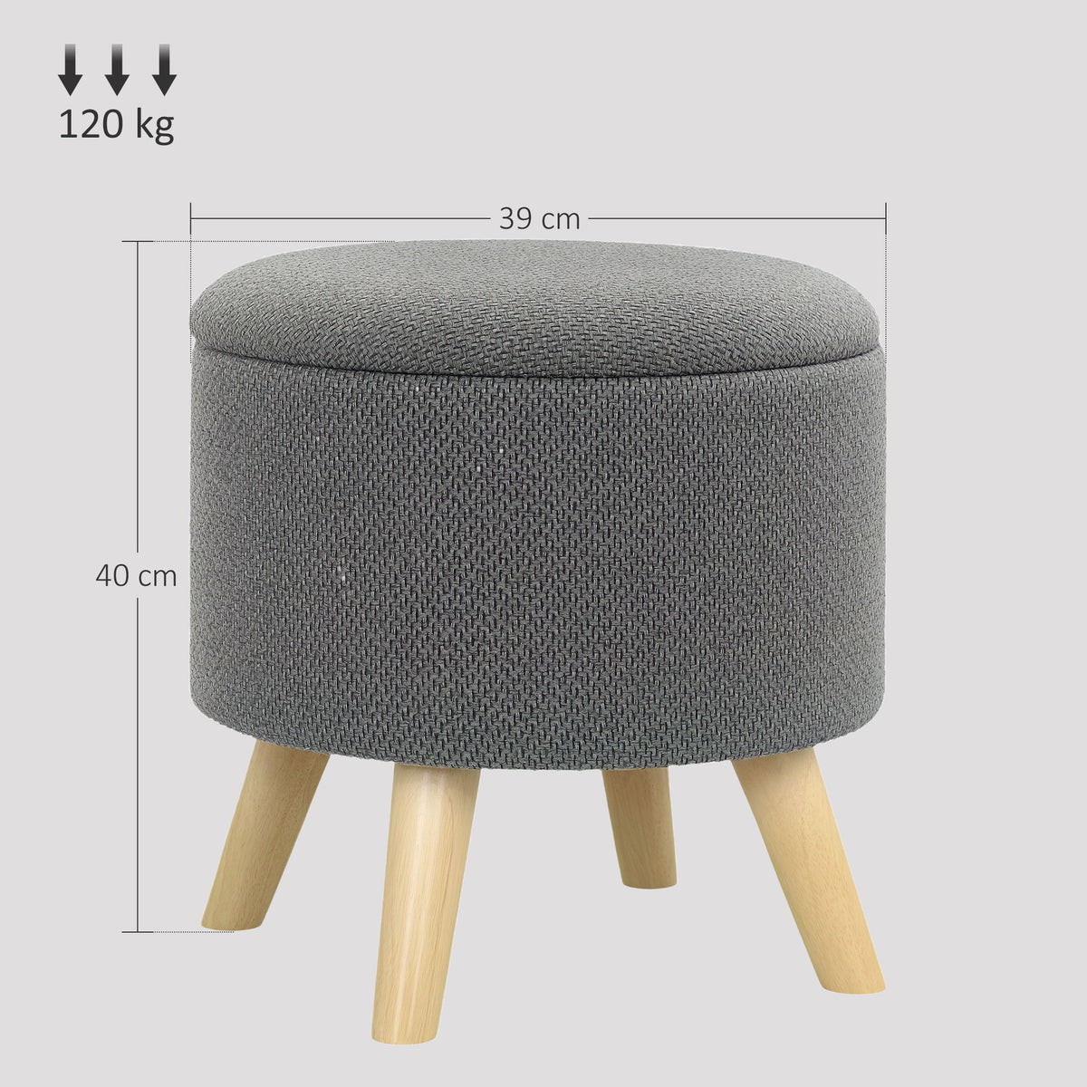 Pouf rond repose-pieds tabouret avec coffre de rangement pieds en bois design moderne gris