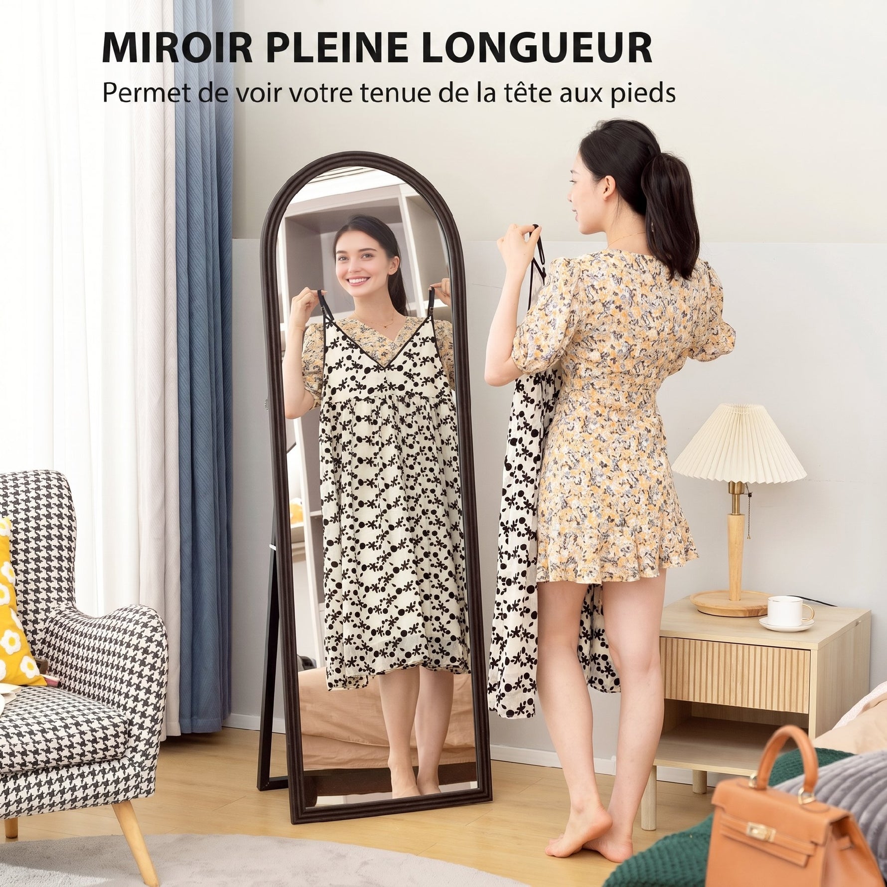 Miroir de sol arqué pleine longueur miroir sur pied cadre en effet imitation pierre pour salon chambre 53x163cm marron