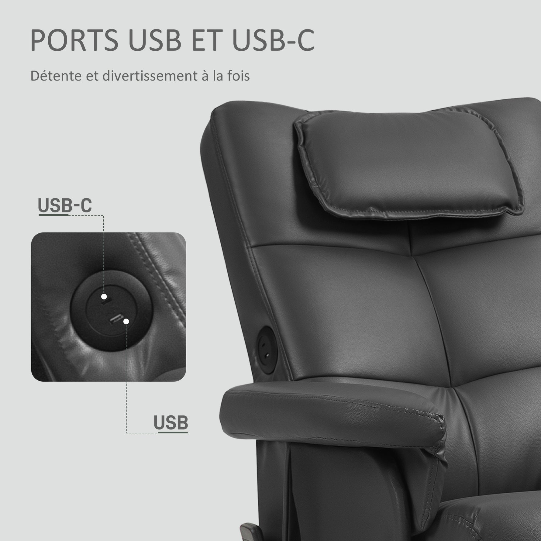 Fauteuil massant avec repose-pied, dossier inclinable jusqu'à 135°, coffre de rangement, télécommande