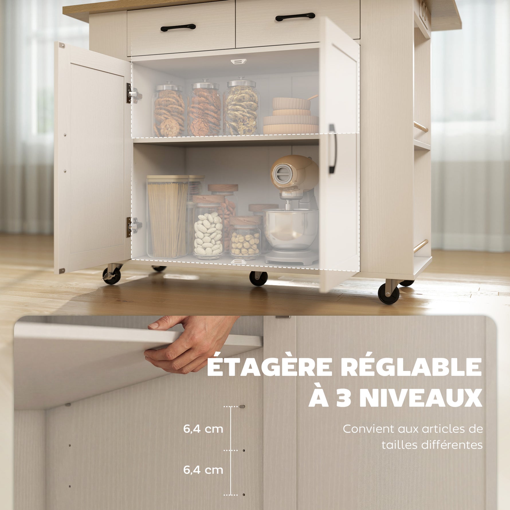 Îlot de Cuisine avec Station de Charge, Chariot de Cuisine à Roulettes avec Plan de Travail Rabattable, 2 Tiroirs, Blanc