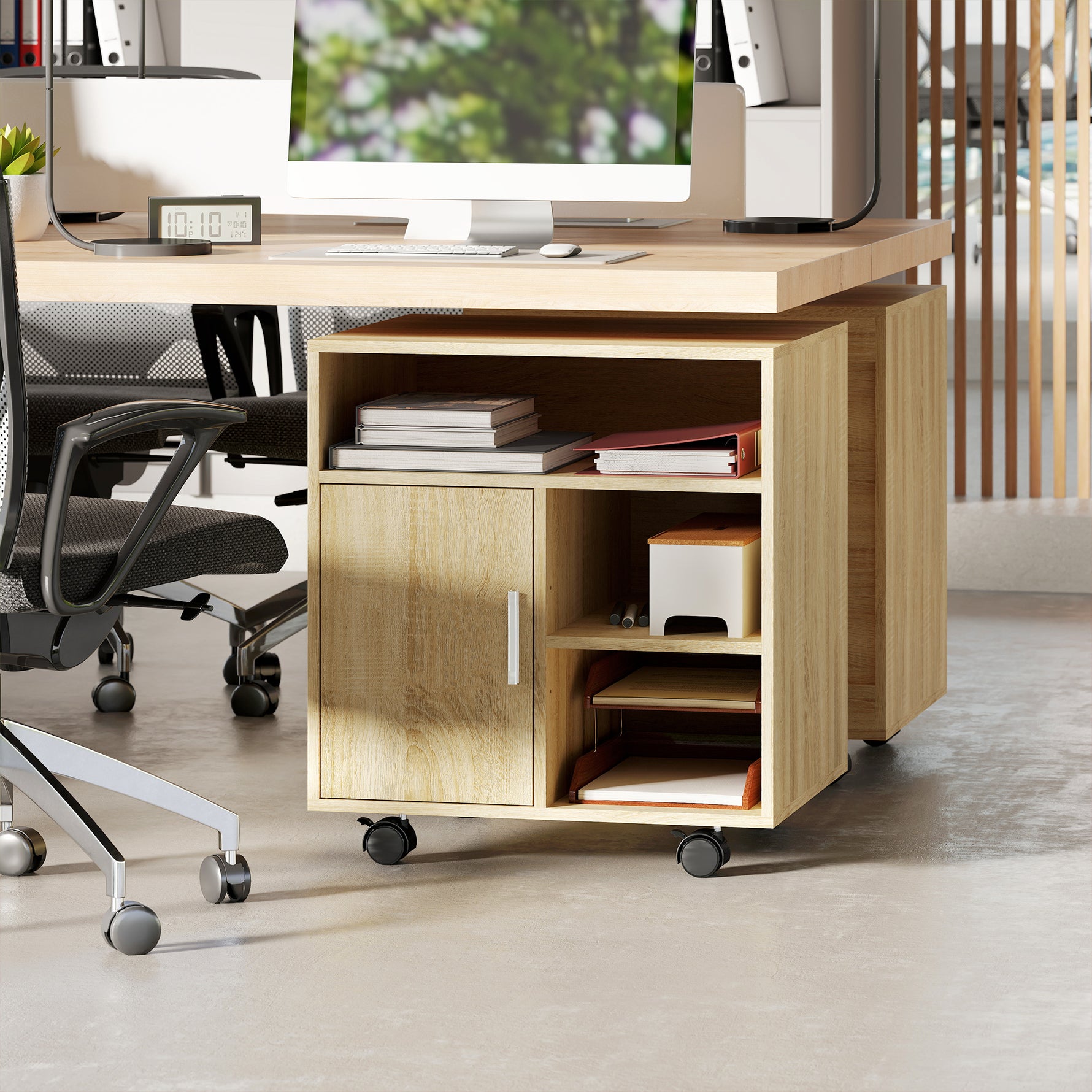 Support d'imprimante organiseur bureau caisson placard porte 3 niches + grand plateau panneaux particules bois naturel