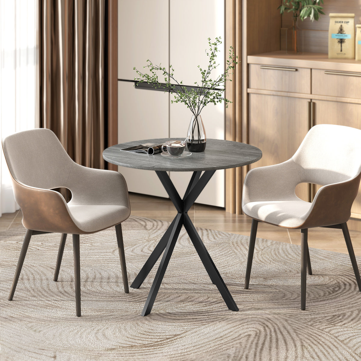 Mesa de Comedor Redonda para 2 Personas con Tablero Aspecto Madera y Base Cruzada de Acero, Gris