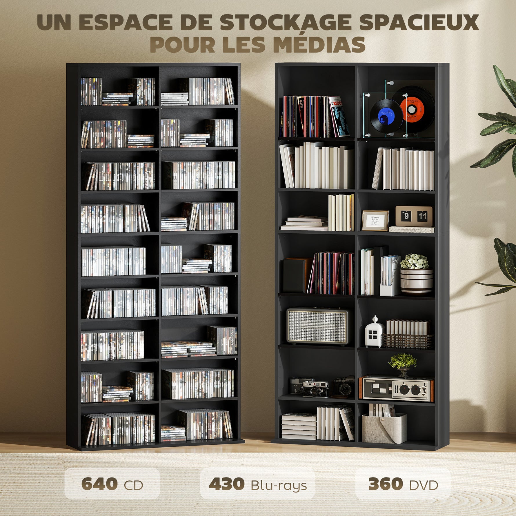 Rangements pour CD et DVD 18 compartiments capacité max. 640 CD/360 DVD 430 Blu-ray 78,5 x 24 x 175 cm noir