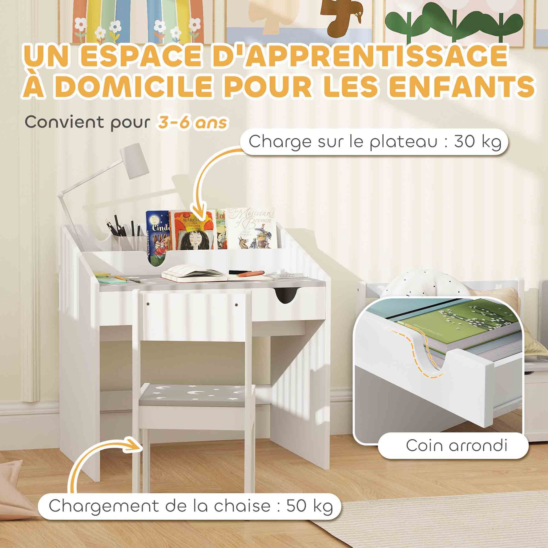 Ensemble Bureau et chaise pour enfants, avec rangement, tiroir coulissant, pour les 3-6 ans, motif étoilé - Gris