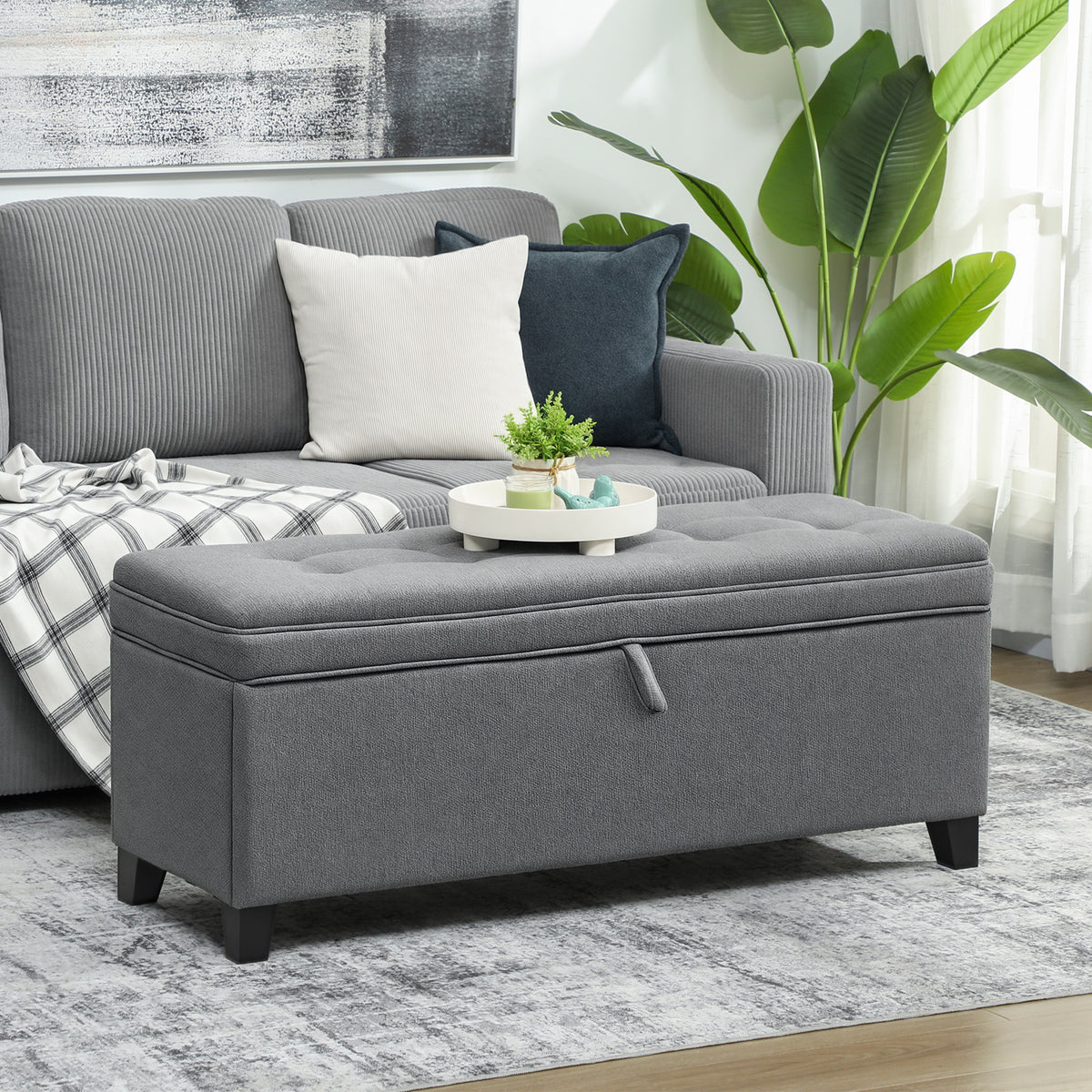 Banc de rangement 112L banquette bout de lit en tissu de lin, siège capitonné, 120 x 40 x 48 cm, gris foncé