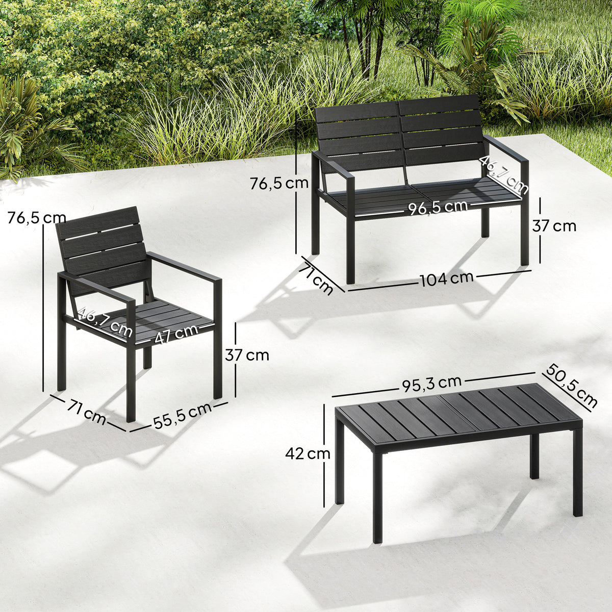 Salon de Jardin Extérieur 4 Pièces, Canapé 2 Places, 2 Chaises, Table Basse, Mobilier de Jardin en HDPE Effet Bois Noir