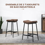 Lot de 2 tabourets de bar avec repose-pieds acier style industriel assise incurvée 48,5 x 38,5 x 68,5 cm marron noir
