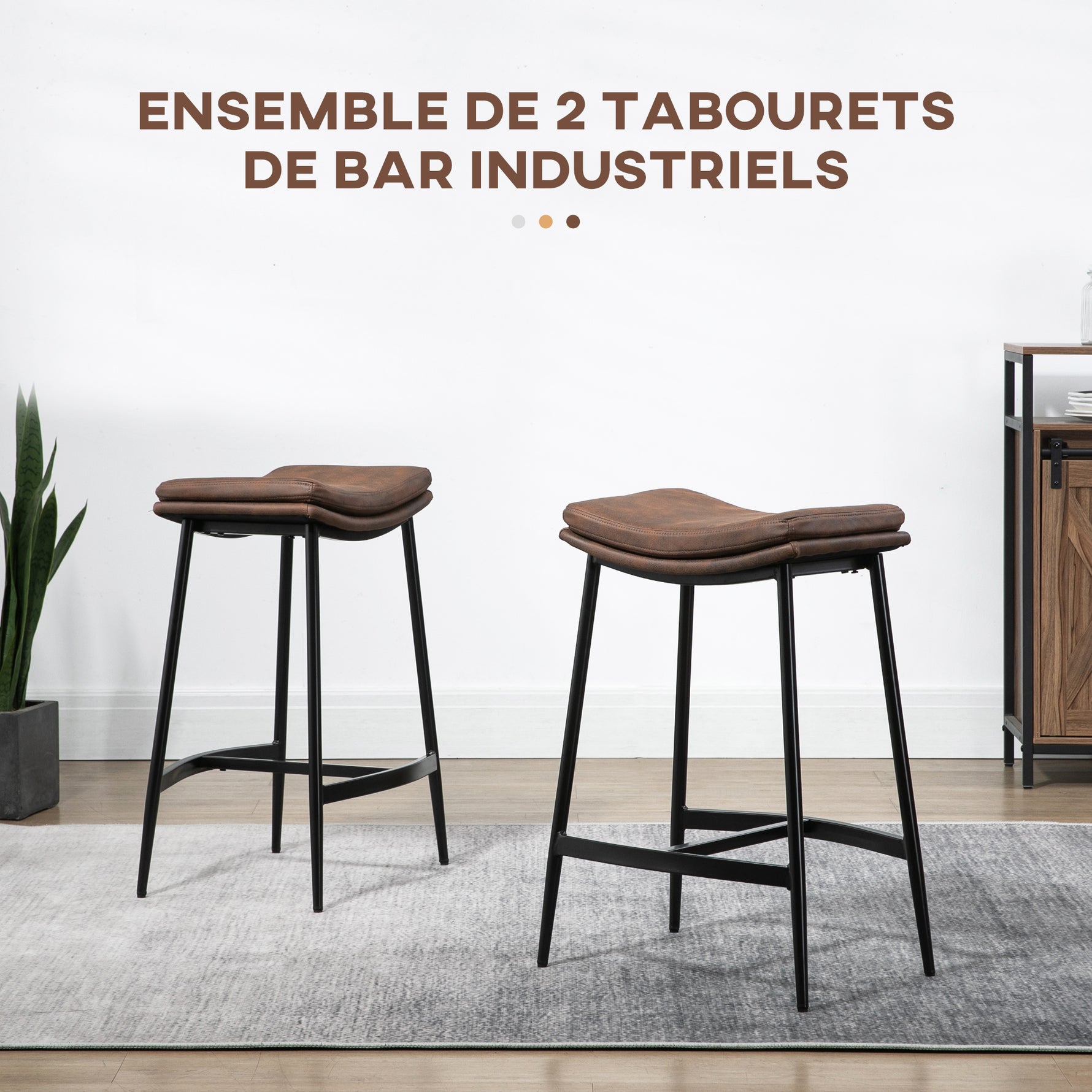 Lot de 2 tabourets de bar avec repose-pieds acier style industriel assise incurvée 48,5 x 38,5 x 68,5 cm marron noir