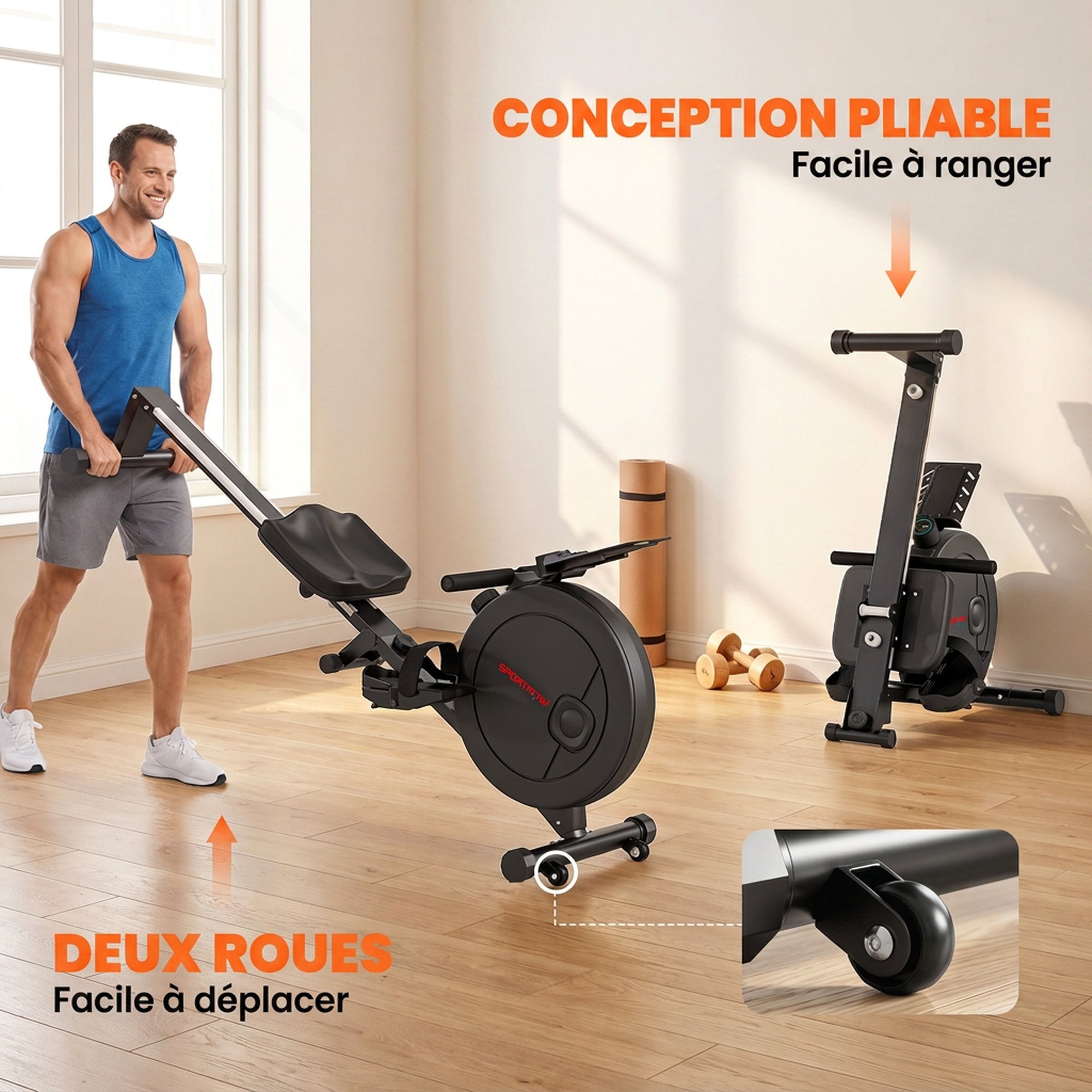 Klappbares Rudergerät für das Heimtraining, 16 Widerstandsstufen, App, LCD-Display, Tablethalterung, 180x50x75cm, Schwarz