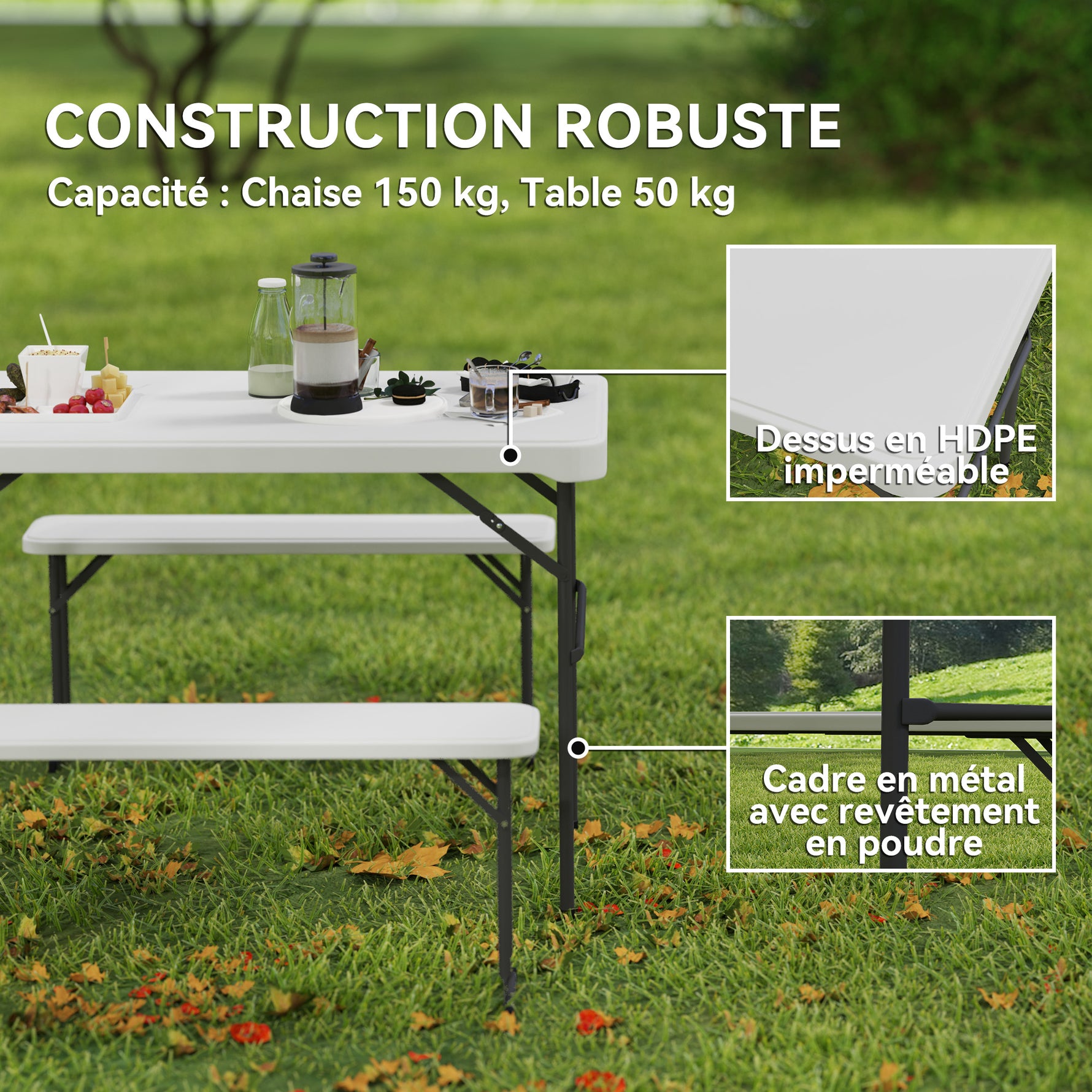 Ensemble table pliante et bancs de pique-nique 113 cm avec poignées de transport, table et banc pliable gris clair blanc