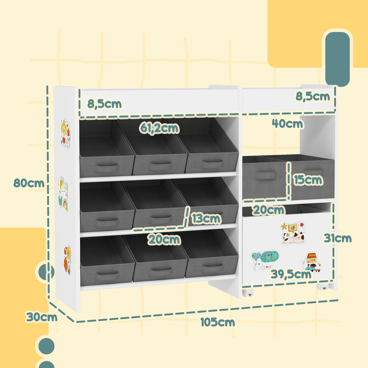 Étagère à jouets pour enfants étagère à livres 11 bacs de rangements en tissu non tissé 105 x 30 x 80 cm blanc