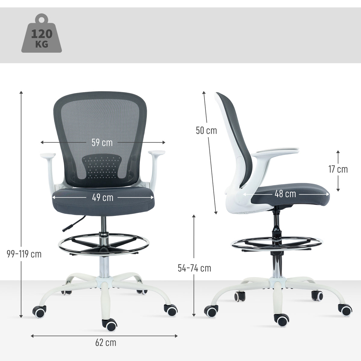 Chaise bureau ergonomique avec repose-pieds ajustable et accoudoirs relevables, hauteur réglable, 59x62x99-119cm, gris