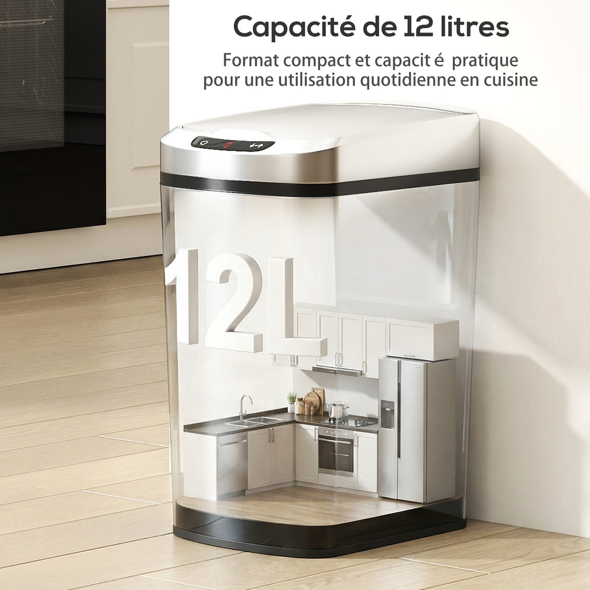 Poubelle de cuisine automatique 12 L en acier inoxydable, poubelle à capteur avec couvercle, 28 x 22 x 41 cm, argent