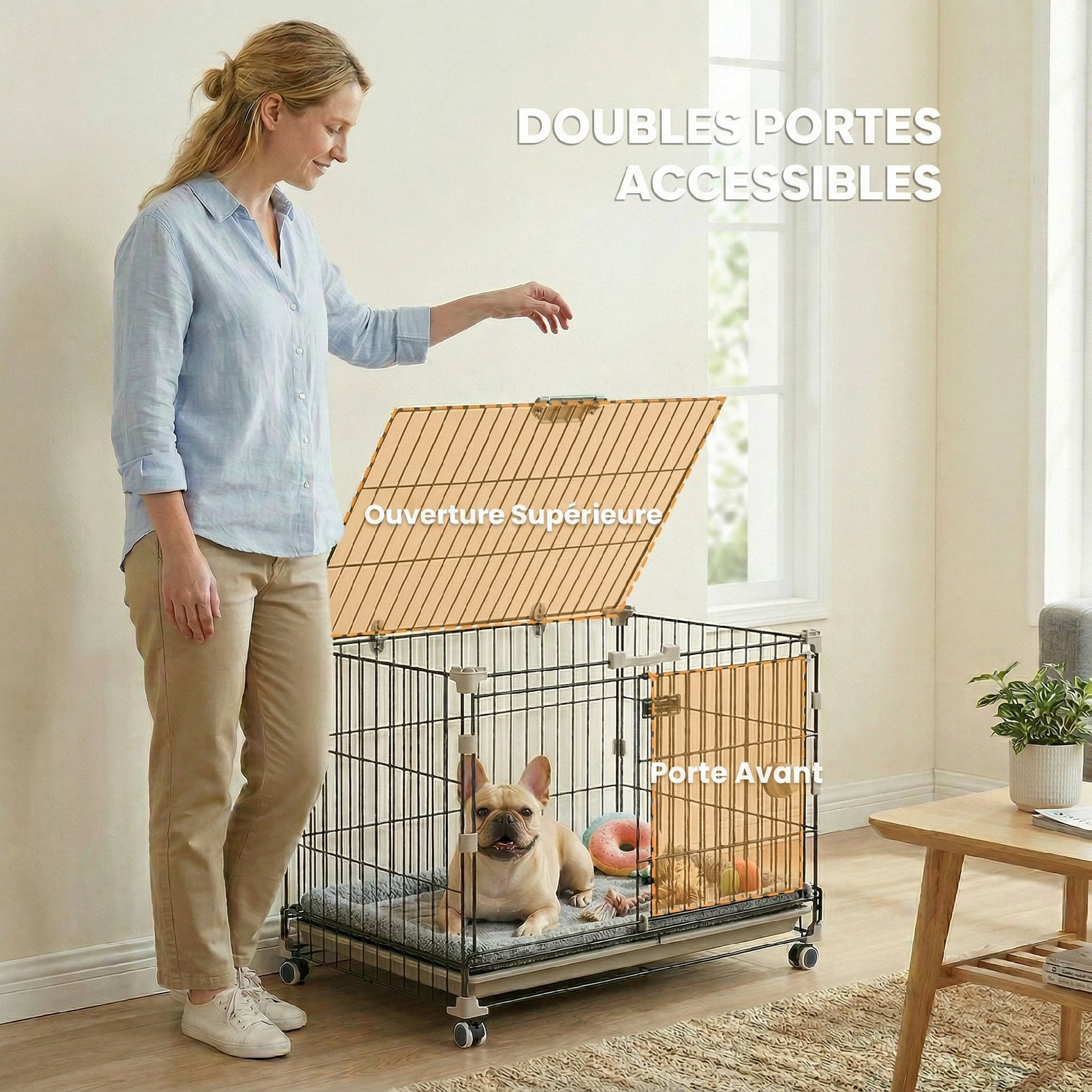 Cage pour Chien, Plateau Amovible, Roues avec Freins, Toit Ouvrant Verrouillable, 60,5x45,5x54,5cm, Noir