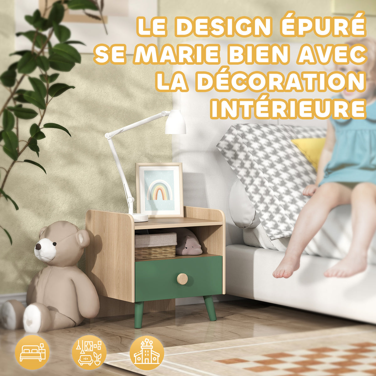 Lot de 2 tables de chevet enfant, tables de nuit enfant avec tiroir et niche, pour chambre d'enfant, 40x32,5x40cm, vert