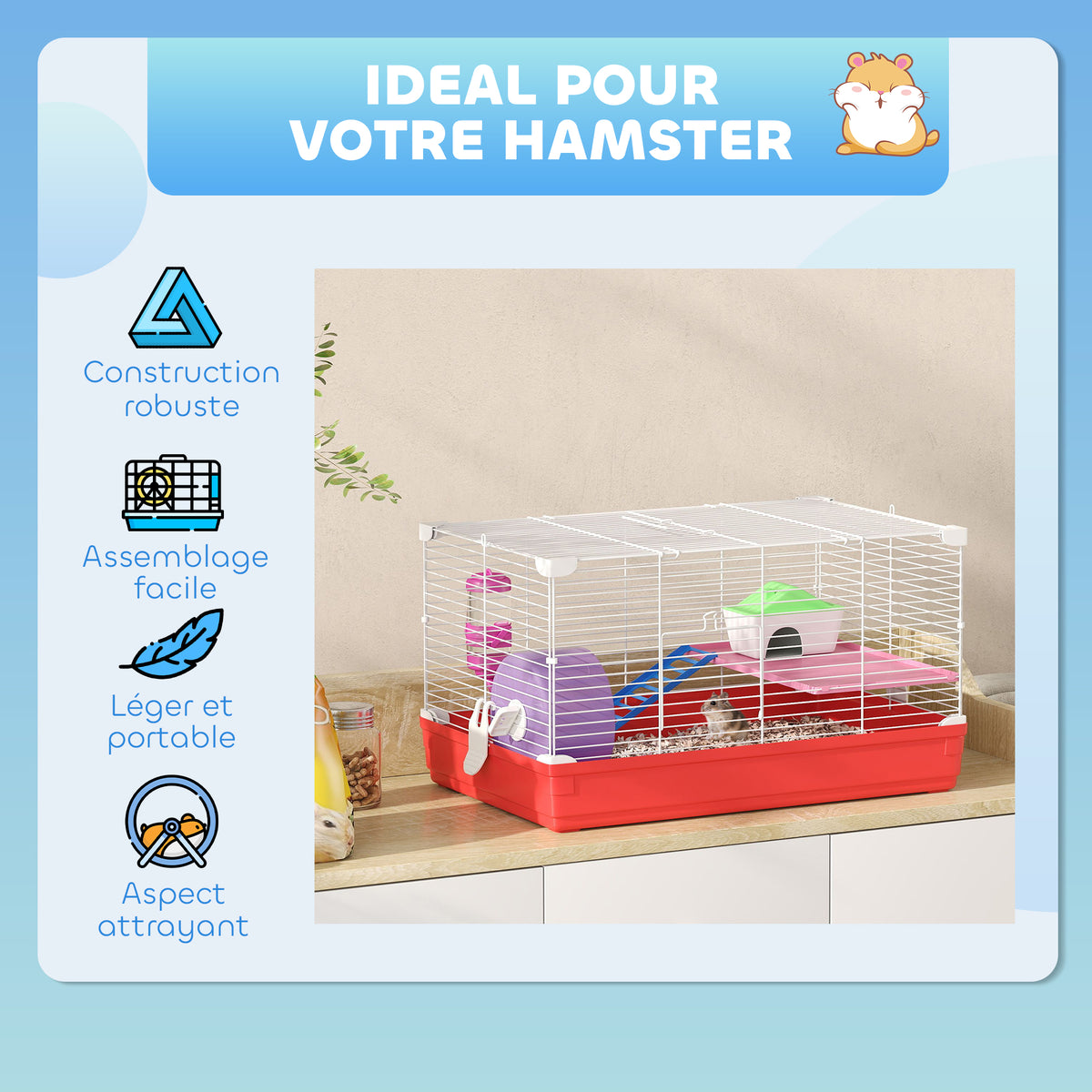 Cage hamster, cage rongeur à 2 niveaux, base amovible nettoyage facile, cabane, roue d'exercice, 47 x 30 x 27 cm, blanc