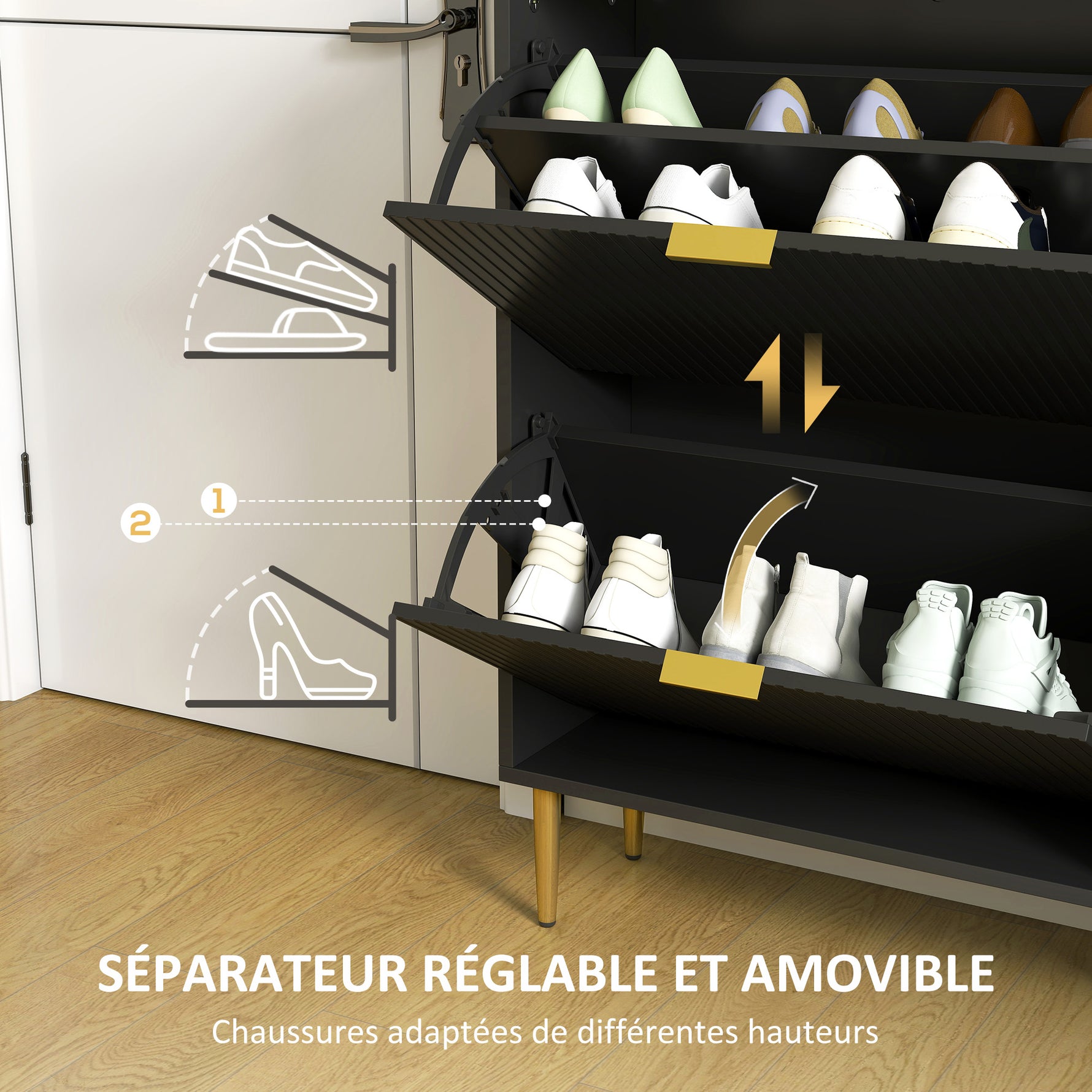 Meuble à chaussures 20 paires avec 4 tiroirs rabattables, portes cannelées et étagères réglables, 105x24x91,5cm, noir