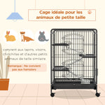 Jaula para roedores, jaula para animales pequeños con ruedas, 3 rampas, 3 plataformas, comedero y botella de agua, bandeja inferior extraíble para conejos, visones y chinchillas, acero PP, 61,5x44x95 cm, negra
