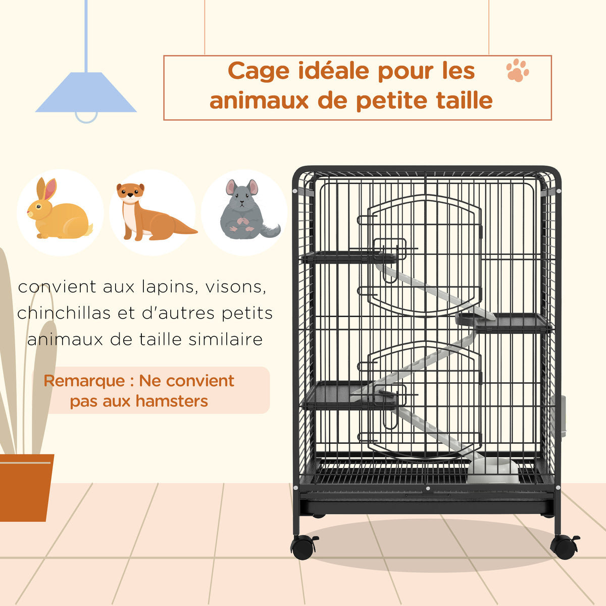 Jaula para roedores, jaula para animales pequeños con ruedas, 3 rampas, 3 plataformas, comedero y botella de agua, bandeja inferior extraíble para conejos, visones y chinchillas, acero PP, 61,5x44x95 cm, negra