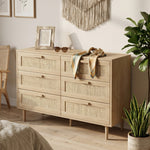 Cómoda de 6 cajones mueble de almacenaje con tejido de ratán dim. 110L x 40an x 75A cm aspecto madera clara