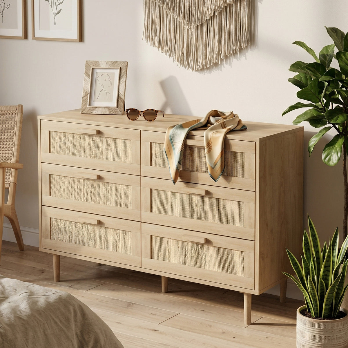Cómoda de 6 cajones mueble de almacenaje con tejido de ratán dim. 110L x 40an x 75A cm aspecto madera clara