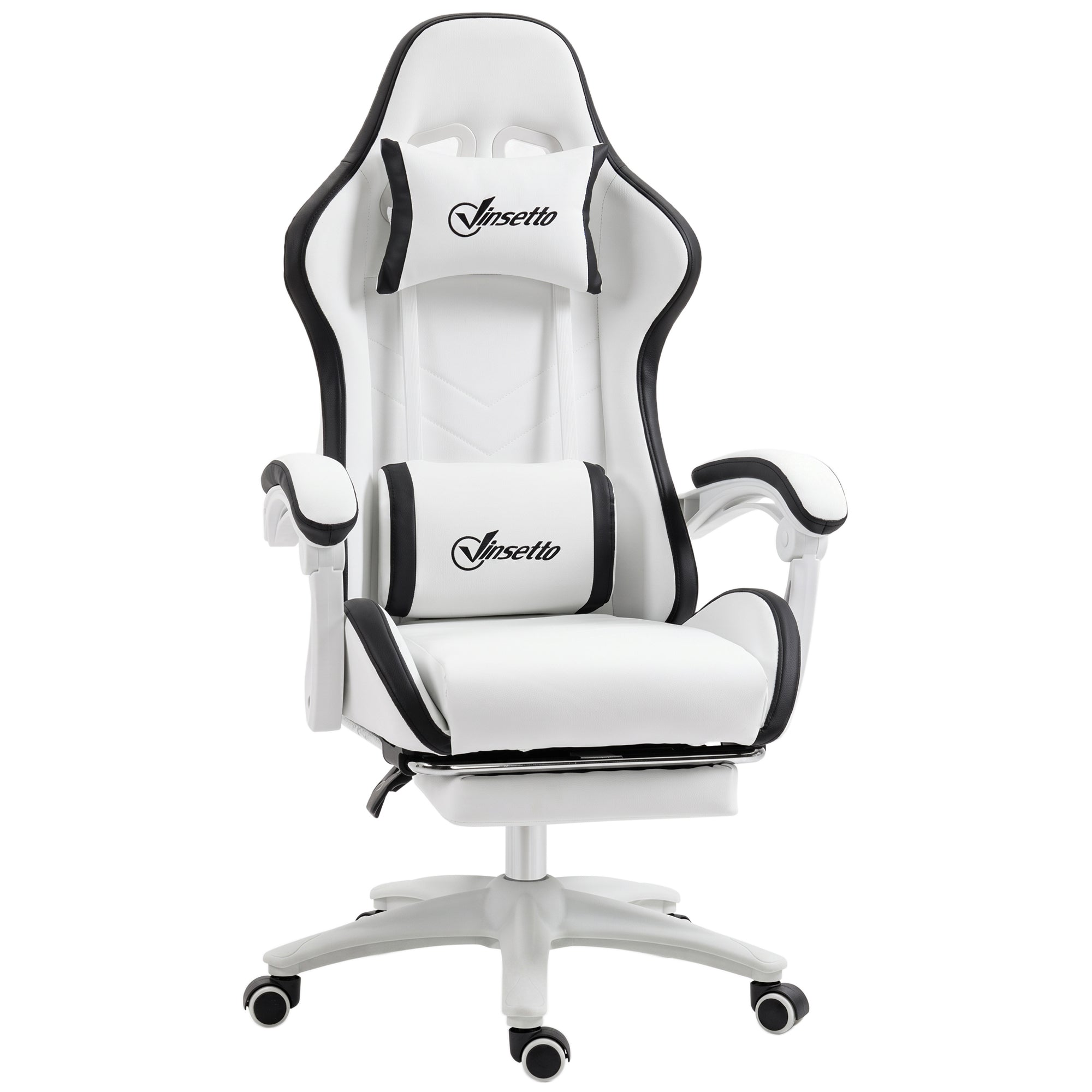 Gaming chair, gaming recliner with 135° tilting backrest, headrest, and footrest, 65W x 65D x 121-129H cm, white and black