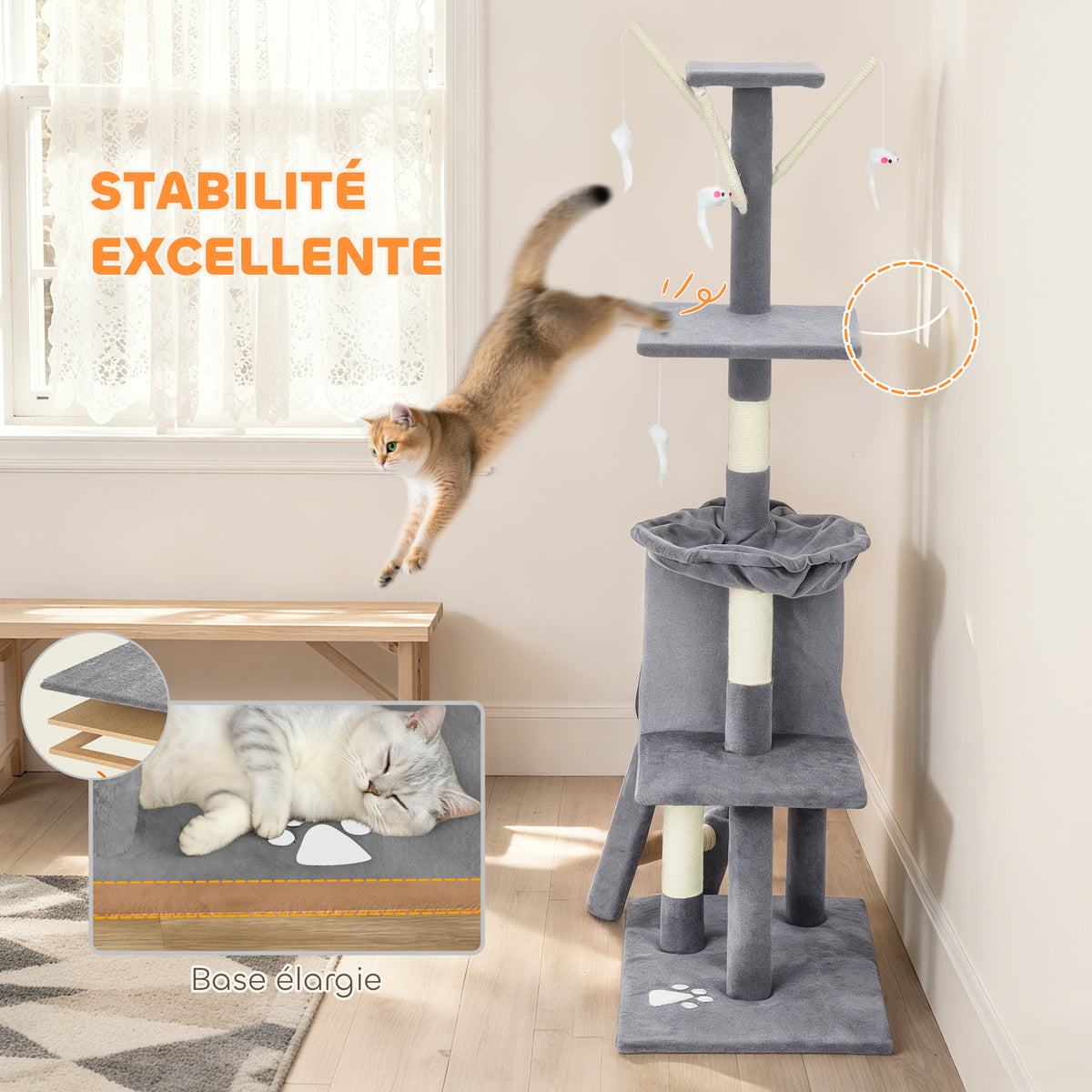 Albero per gatti, torre gioco stabile multi-livello con cuccia, 3 piattaforme e amaca, 60x35x134 cm, grigio