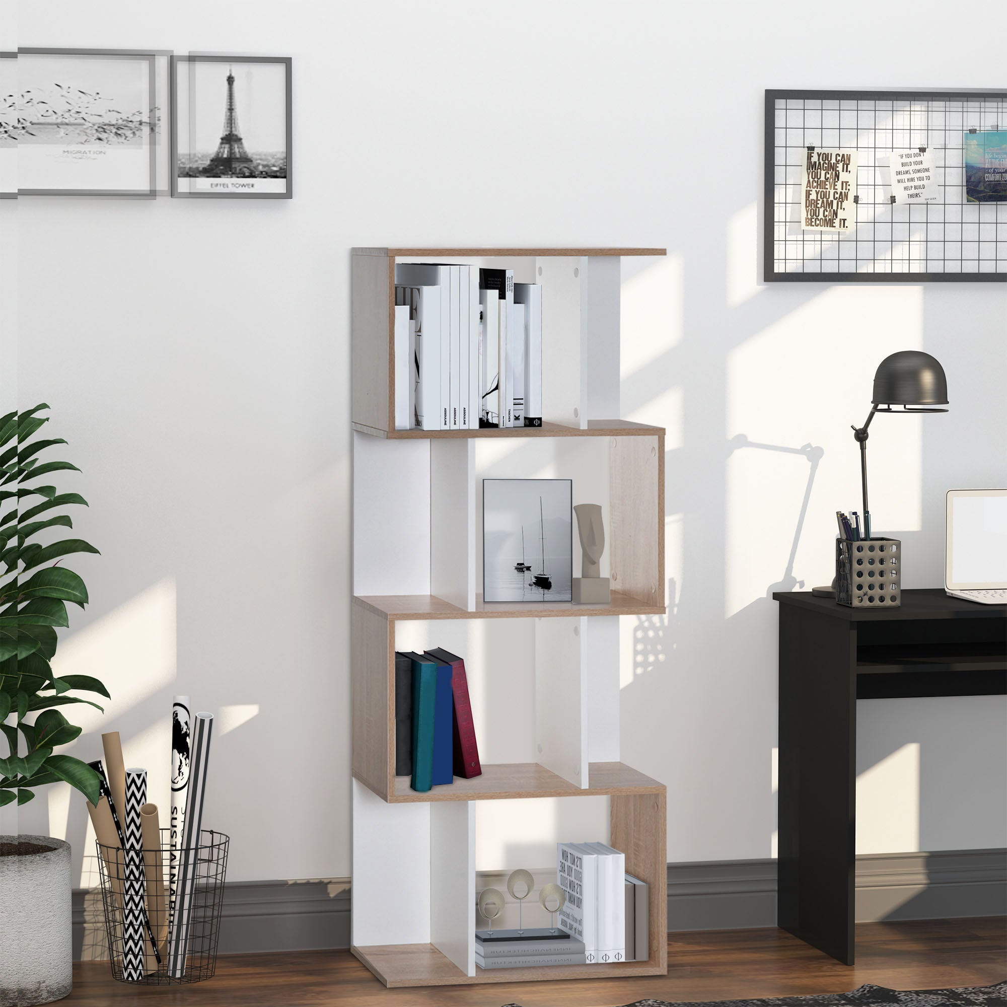 Bibliothèque à 4 niveaux, meuble de rangement en forme de S avec étagères, étagère de rangement pour salon, chambre bureau, 60 x 24 x 148 cm, bois naturel et blanc