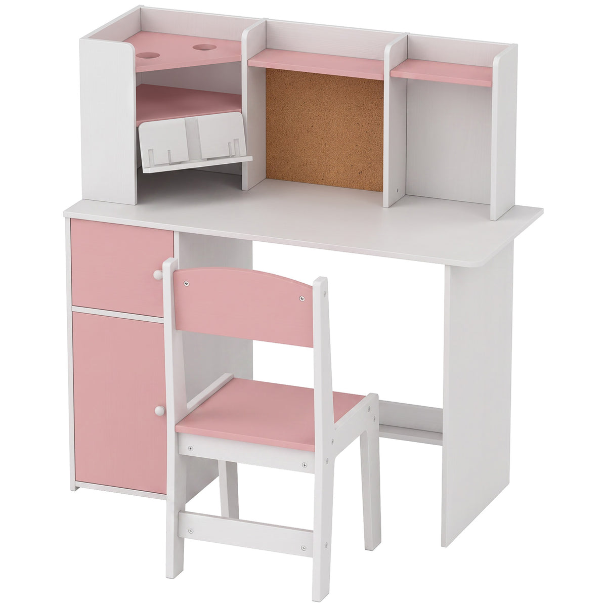 Bureau Enfant avec Chaise, Table d'Étude, Support de Tablette Réglable, Porte-Stylos, Panneau en Liège, 5-12 ans, Rose