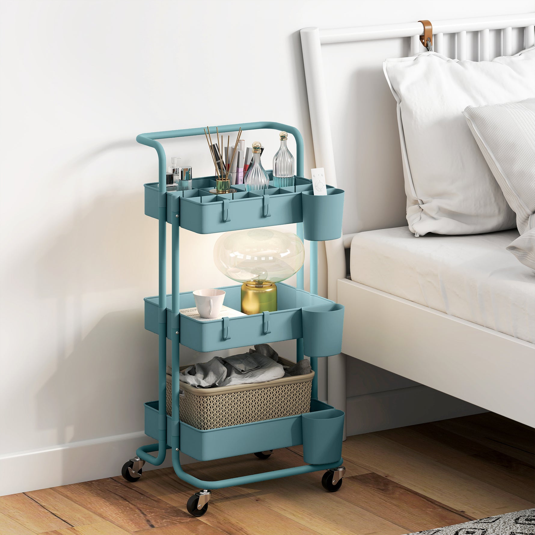 Chariot à 3 niveaux desserte avec 4 crochets et 3 boîtes suspendues amovibles pour 42 x 38 x 86,5 cm bleu-vert