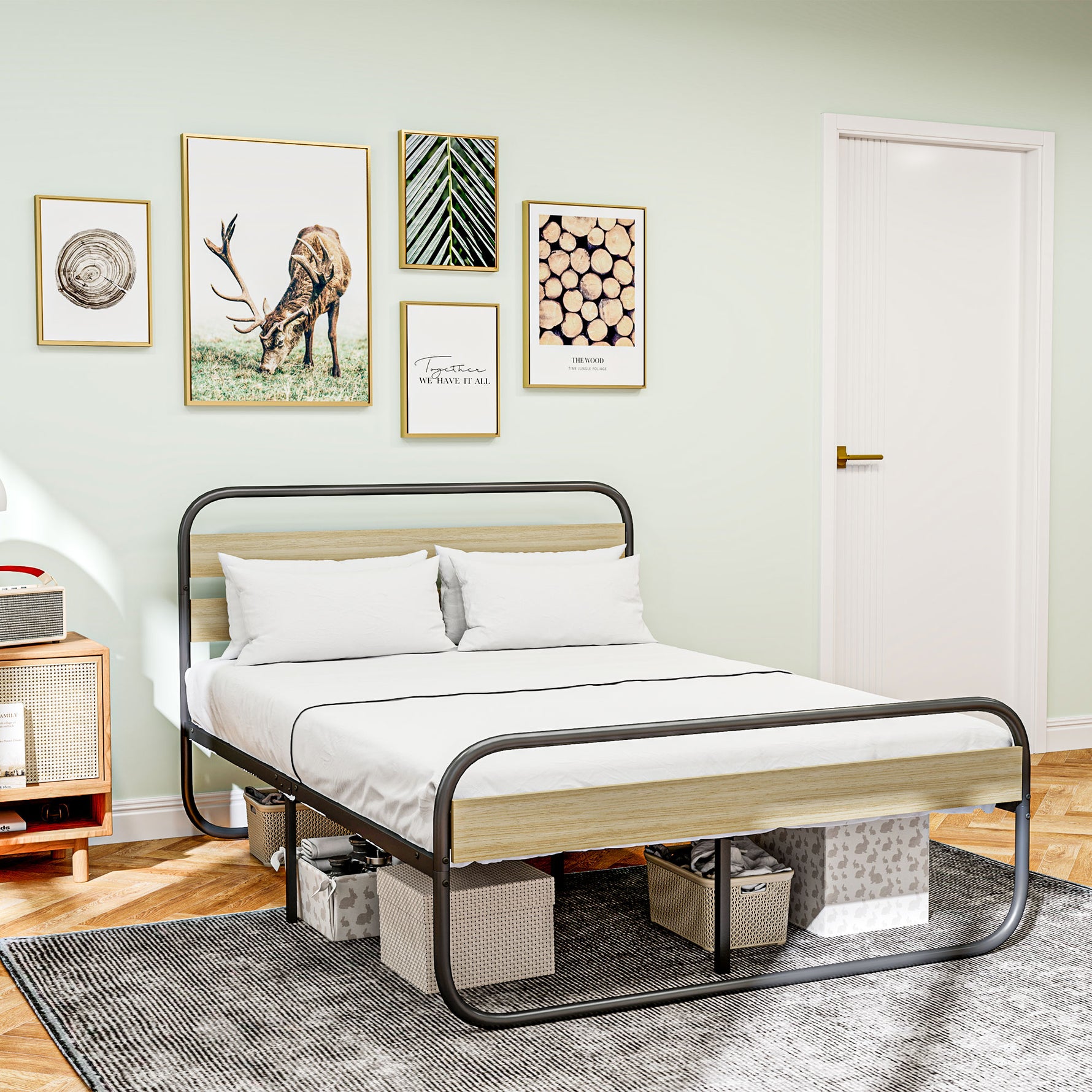 Lit double 140 x 190 cm, cadre de lit en acier style industriel, tête de lit et sommier inclus, aspect bois