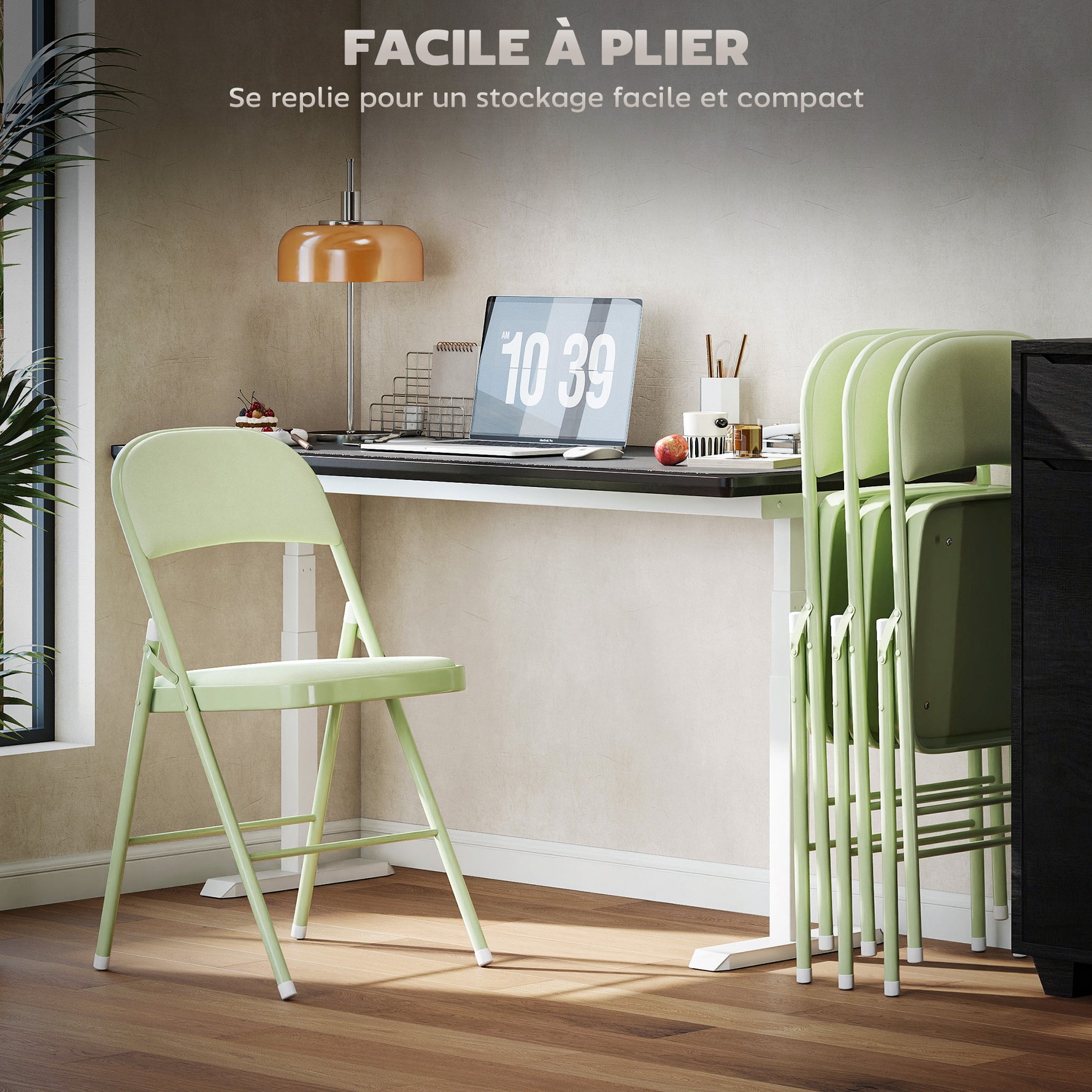 Lot de 4 chaises pliantes et portables intérieur avec assises et dossiers rembourrés en velours, cadre en acier, vert
