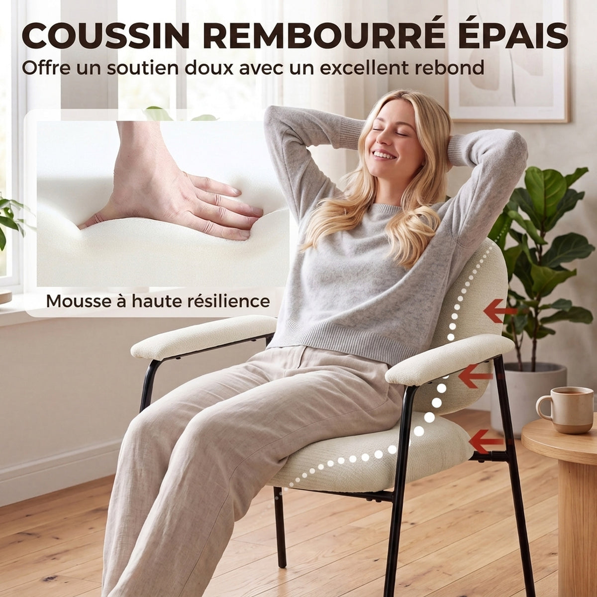 Lot de 2 Fauteuils Salon, Fauteuils d'Appoint en Chenille avec Dossier Profilé, Accoudoirs Rembourrés, Crème