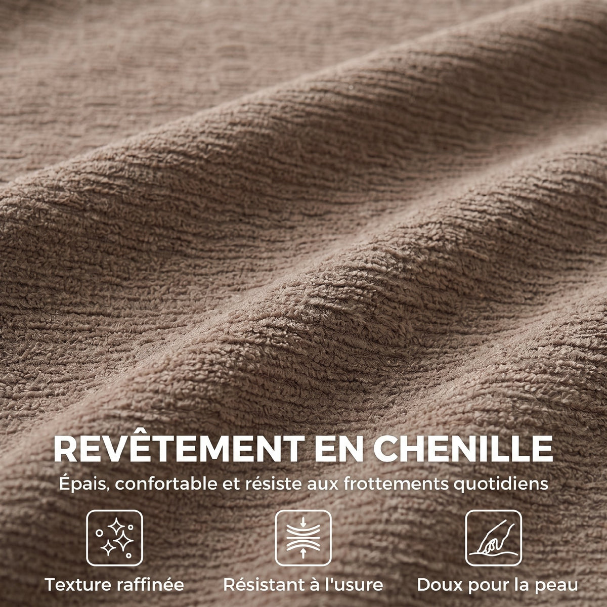 Canapé 3 Places en Chenille 244 cm, Canapé Salon Moderne, Assise et Accoudoirs Larges, Ressorts Ensachés, Marron Clair