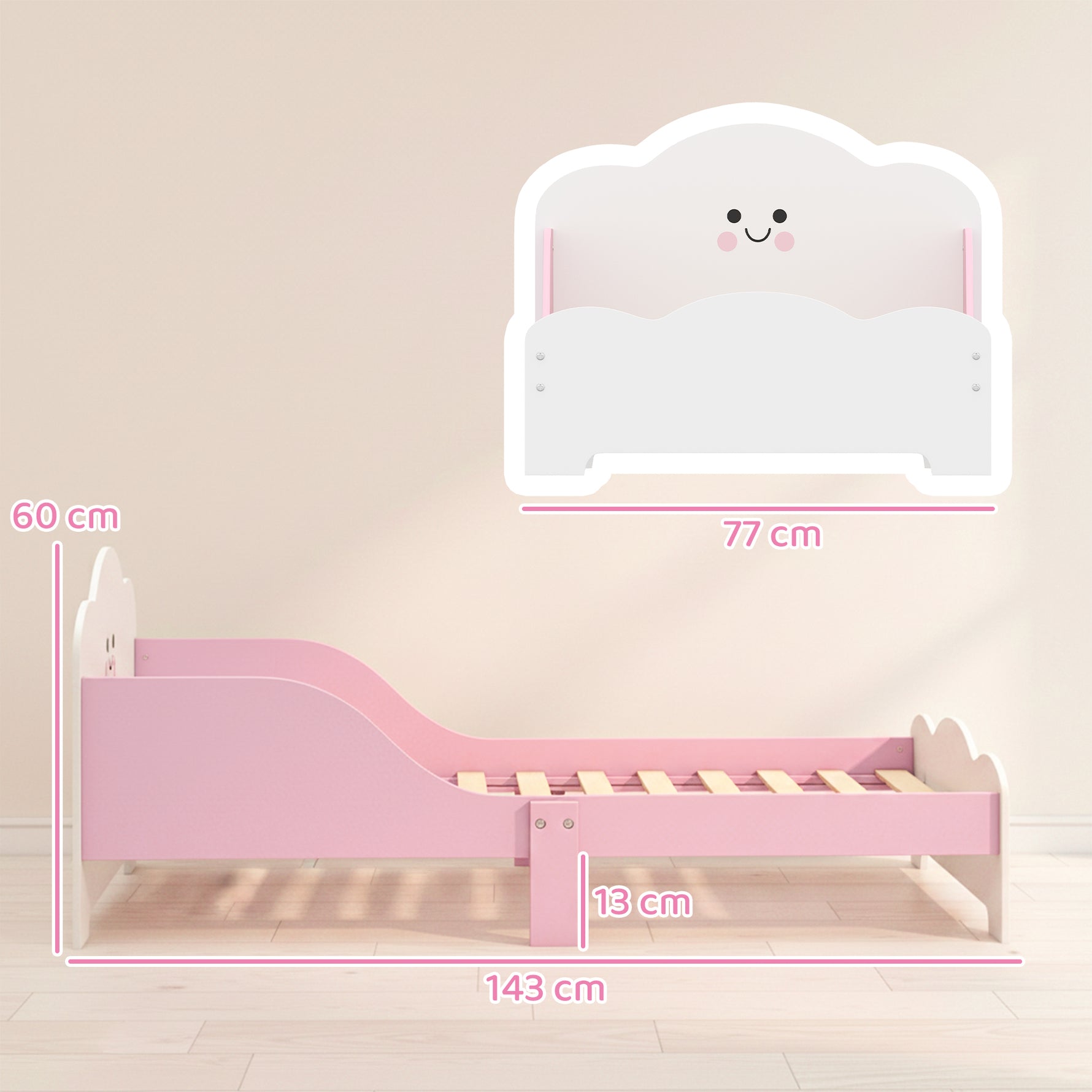 Lit enfant 70 x 140 cm, lit pour enfant avec barriere de securite et sommier à lattes en bois, rose (matelas non inclus)