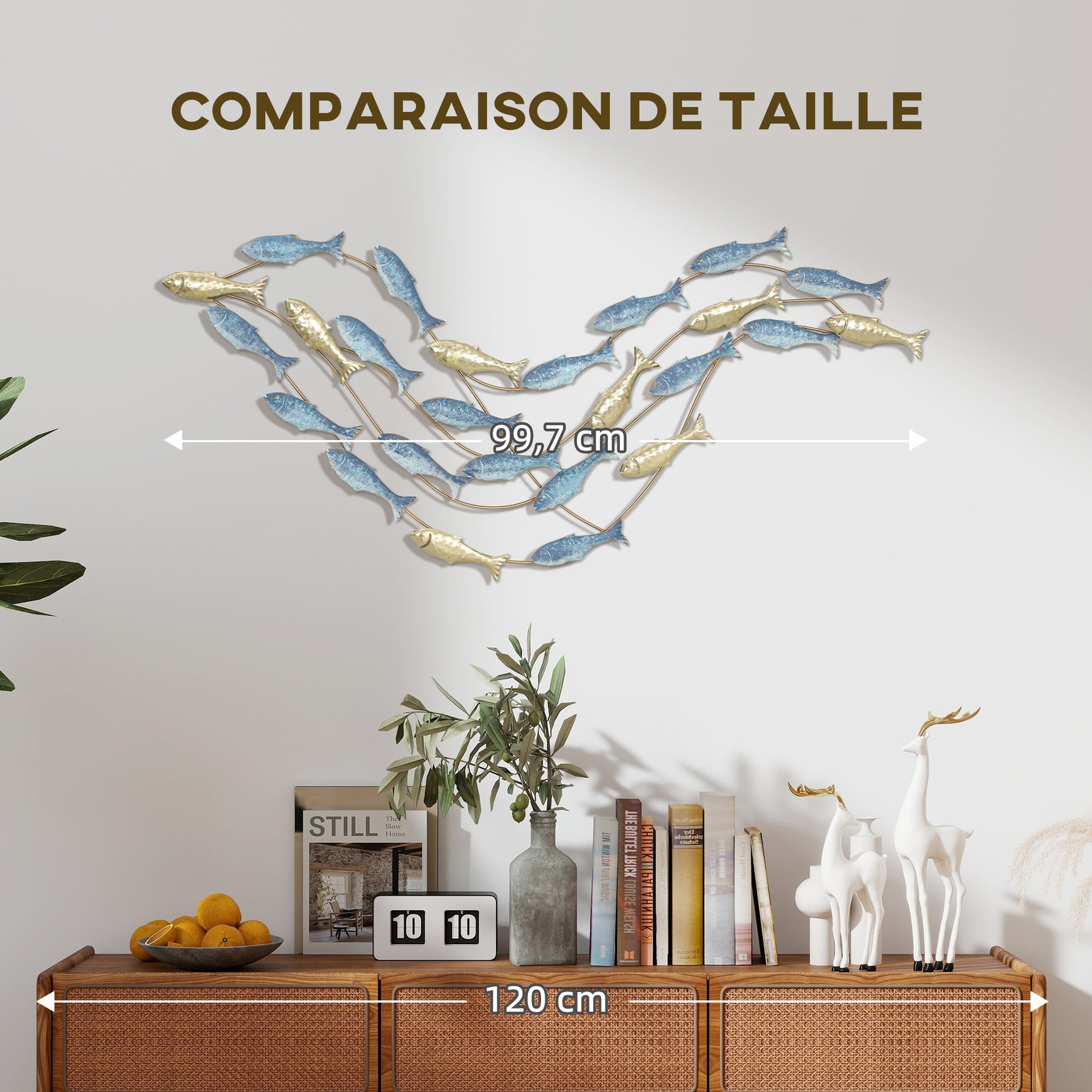 Décoration murale en métal moderne, sculpture murale en métal avec motif de poisson unique, 100 x 50 cm, bleu clair