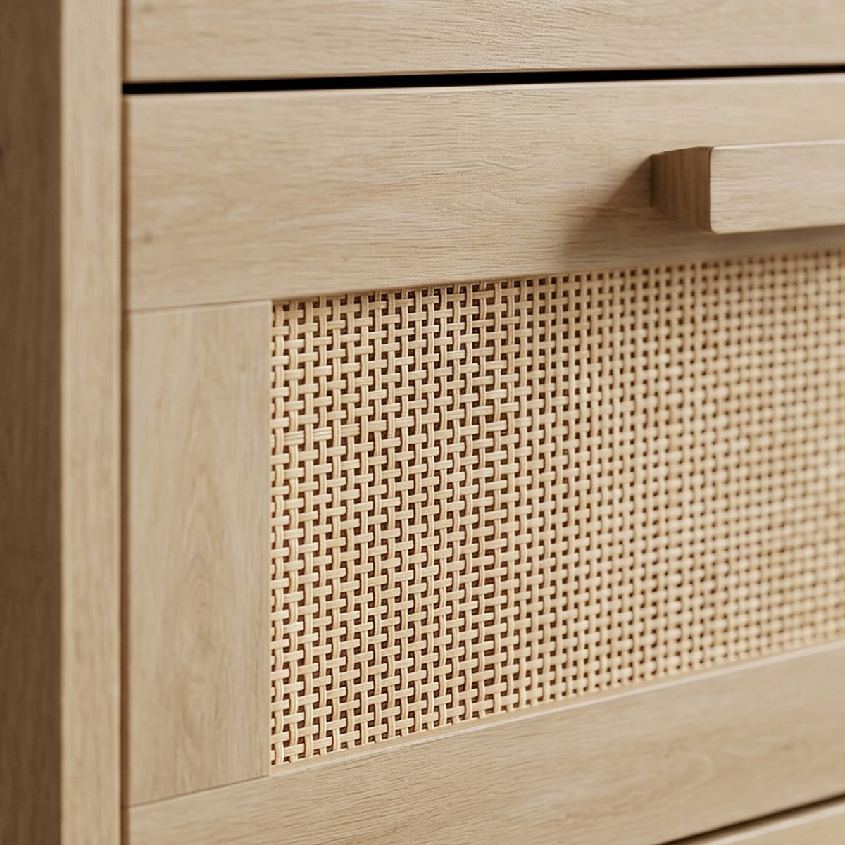 Cómoda de 6 cajones mueble de almacenaje con tejido de ratán dim. 110L x 40an x 75A cm aspecto madera clara