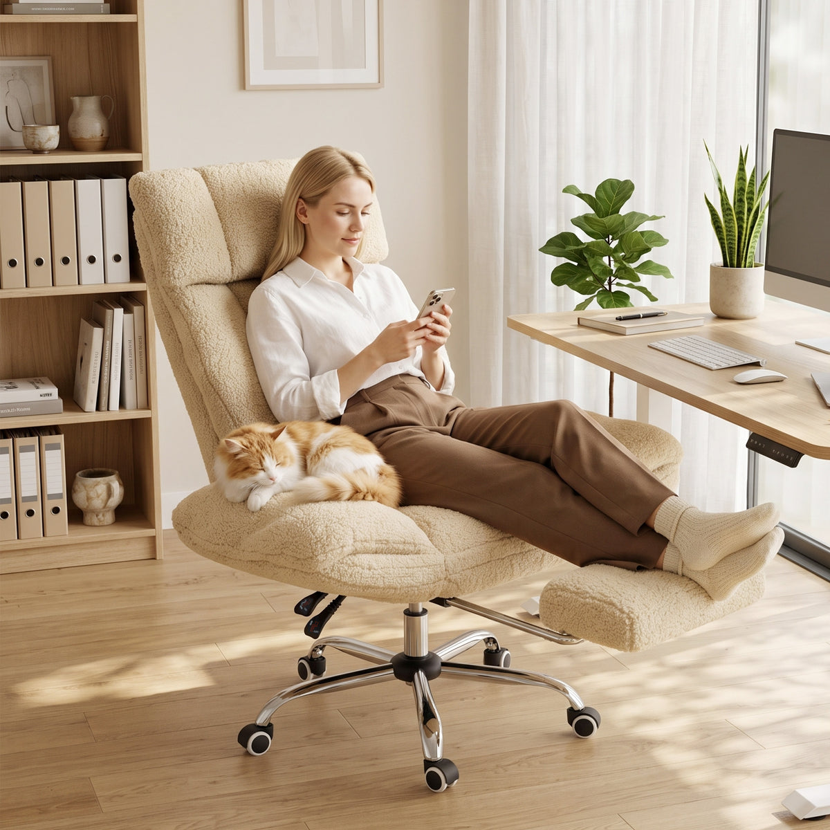 Sedia da ufficio ergonomica con braccioli ribaltabili a 5 livelli, poltrona da ufficio reclinabile in tessuto teddy, crema