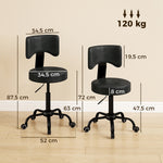 Tabouret à Roulettes, Hauteur Réglable 72-87,5cm, Tabouret de Massage Assise et Dossier Rembourrés, Pivotant 360°, Noir