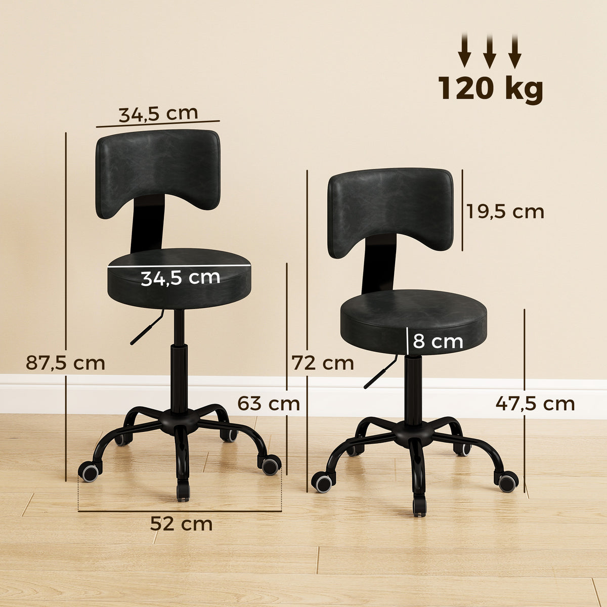 Tabouret à Roulettes, Hauteur Réglable 72-87,5cm, Tabouret de Massage Assise et Dossier Rembourrés, Pivotant 360°, Noir