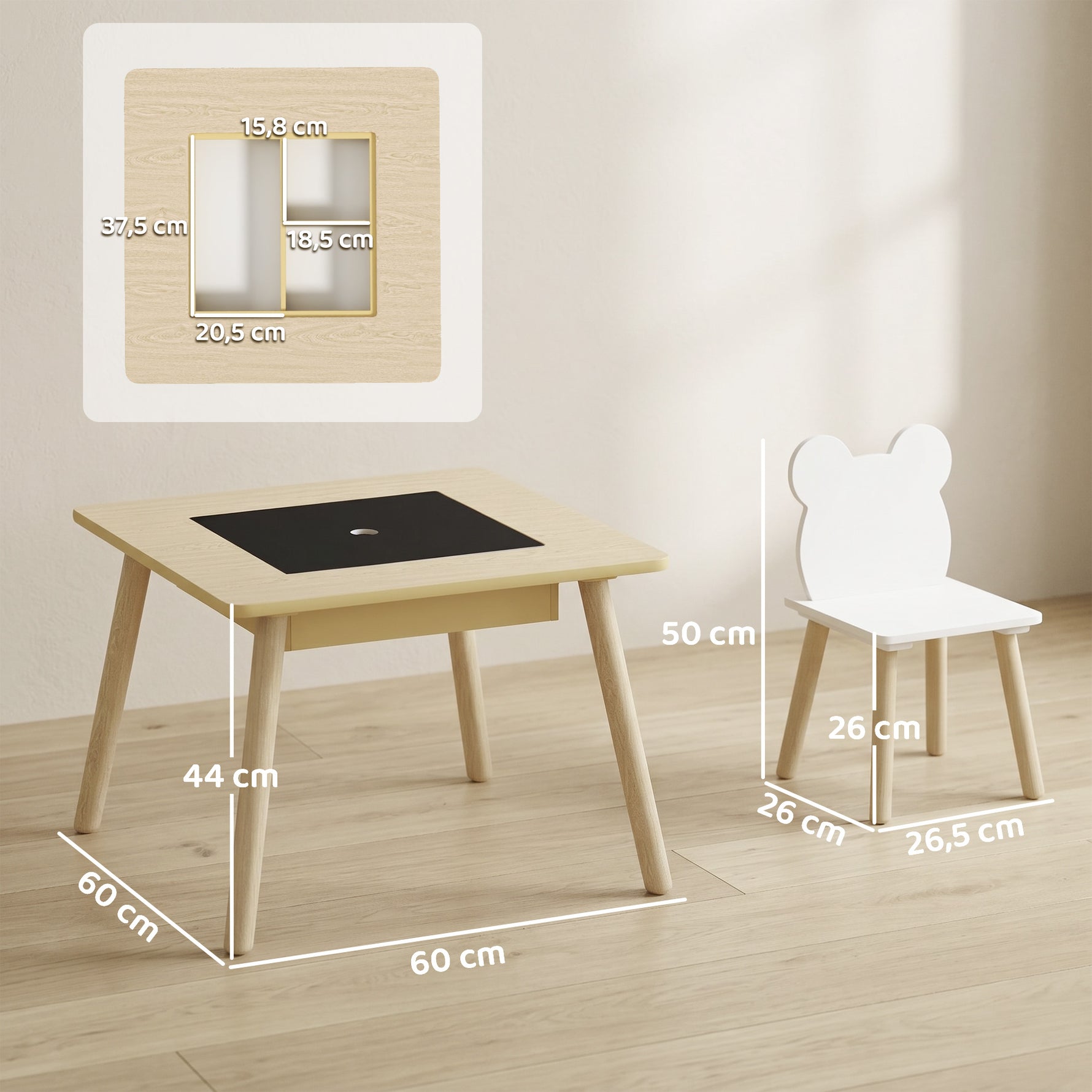 Ensemble 1 table et 2 chaise 3 pièces pour enfants avec plateau réversible espace de rangement bois naturel