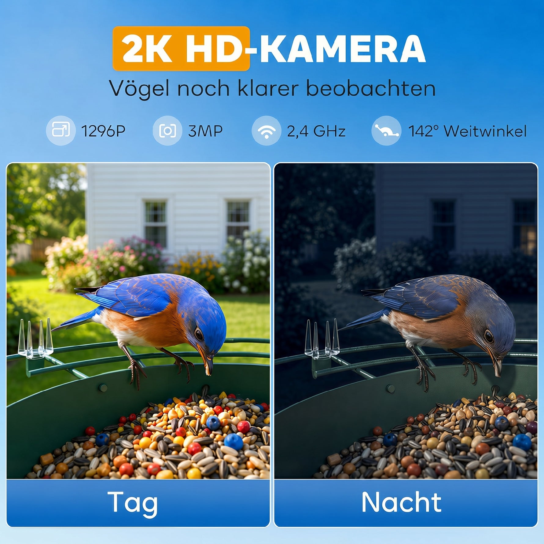 Mangeoire à Oiseaux avec Caméra 2K Solaire 2,5L 142°, Identification IA 16000+, App, IP65, SD 32 Go, 30x34,5x26,3cm Vert